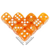A set of ten orange marble effect acrylic D6 dice with white dots.