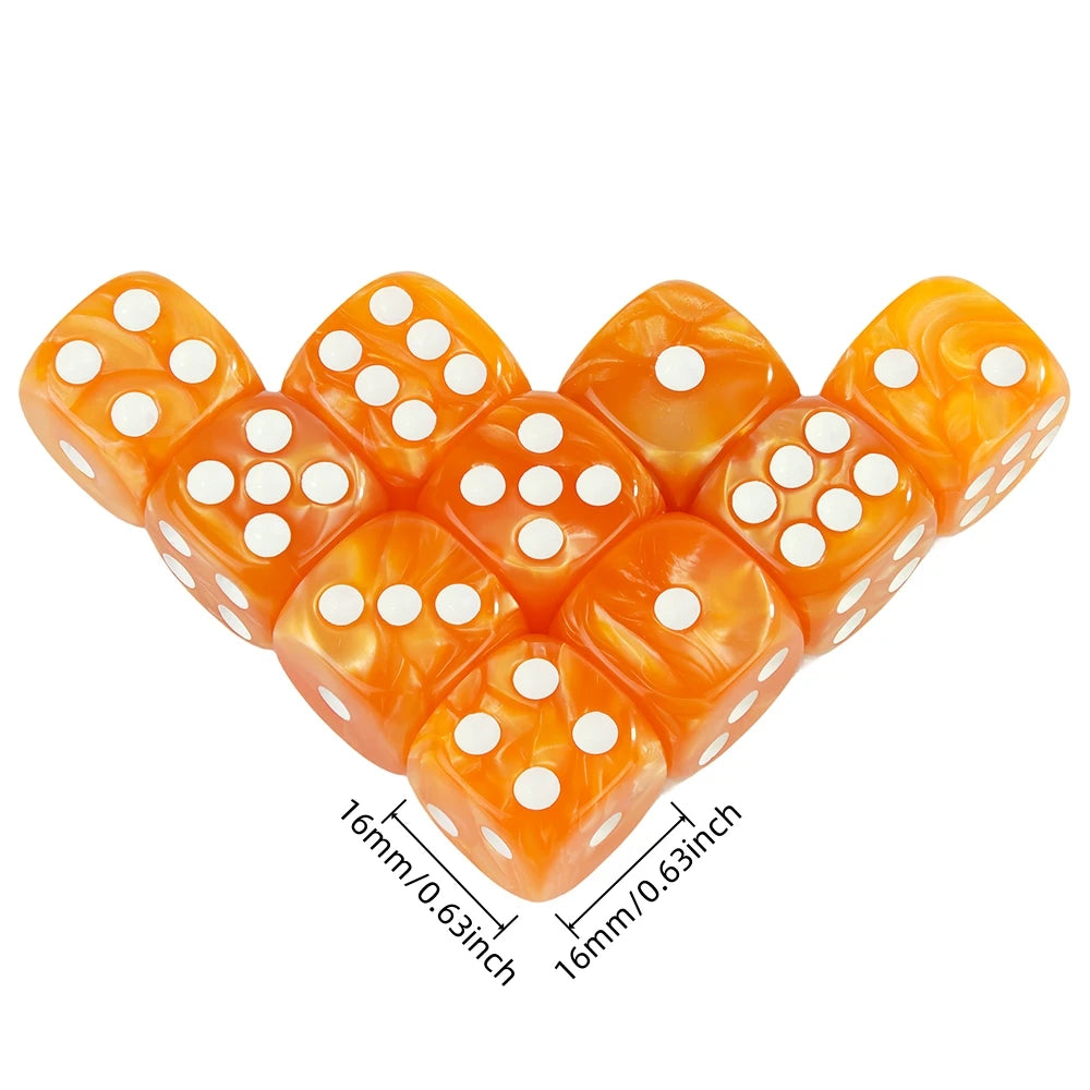 A set of ten orange marble effect acrylic D6 dice with white dots.