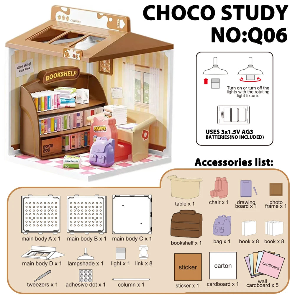 A brown miniature study room dollhouse kit with bookshelves, furniture, and accessories for DIY dollhouse creation.