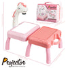 A pink kids drawing projector unit with a light-up unicorn head and a portable carrying case.