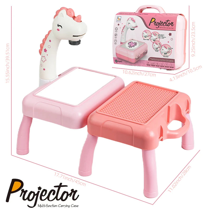 A pink kids drawing projector unit with a light-up unicorn head and a portable carrying case.