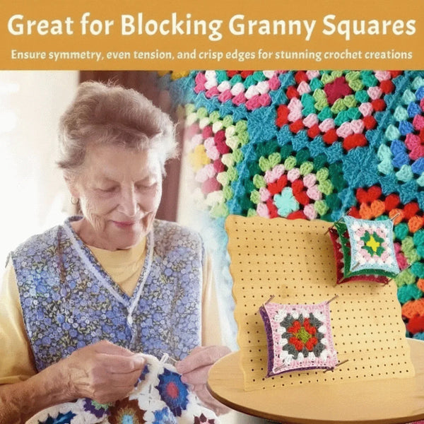 A woman is using a wooden crochet blocking board set with pins to ensure symmetry and tension in a colorful crochet creation.