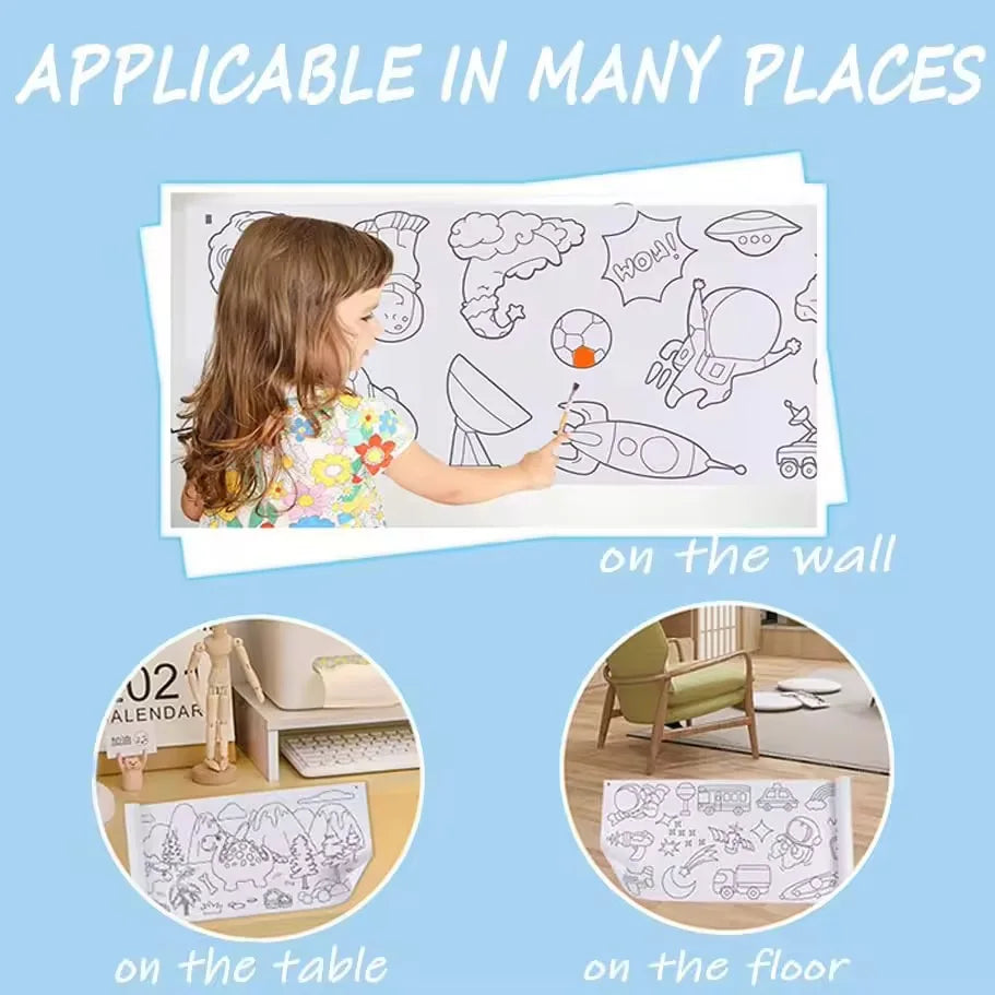 A roll of sticky coloring paper is shown applied on a wall, a table, and the floor.