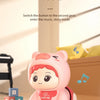 A pink cute pig interactive baby crawling toy with lights and sounds sitting on a light-colored surface.