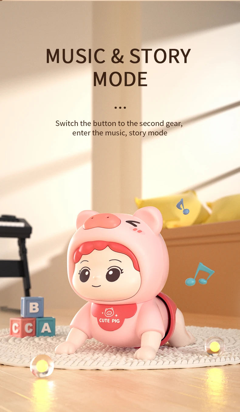 A pink cute pig interactive baby crawling toy with lights and sounds sitting on a light-colored surface.