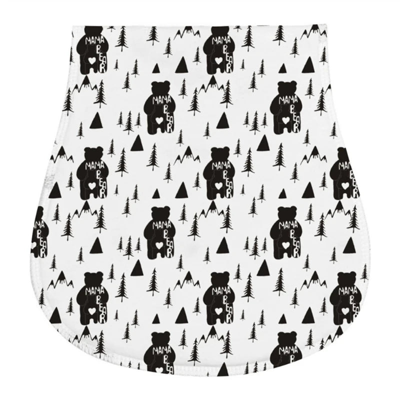 A white baby burp cloth featuring repeating black silhouettes of teddy bears with hearts and trees.