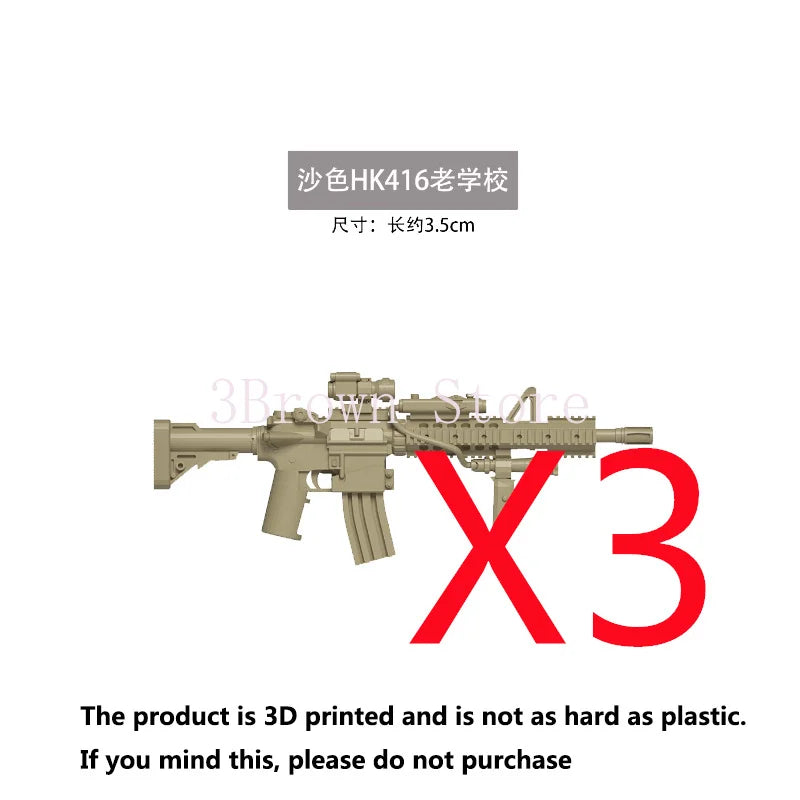 3D printed military building block set featuring a gun and helmet accessories