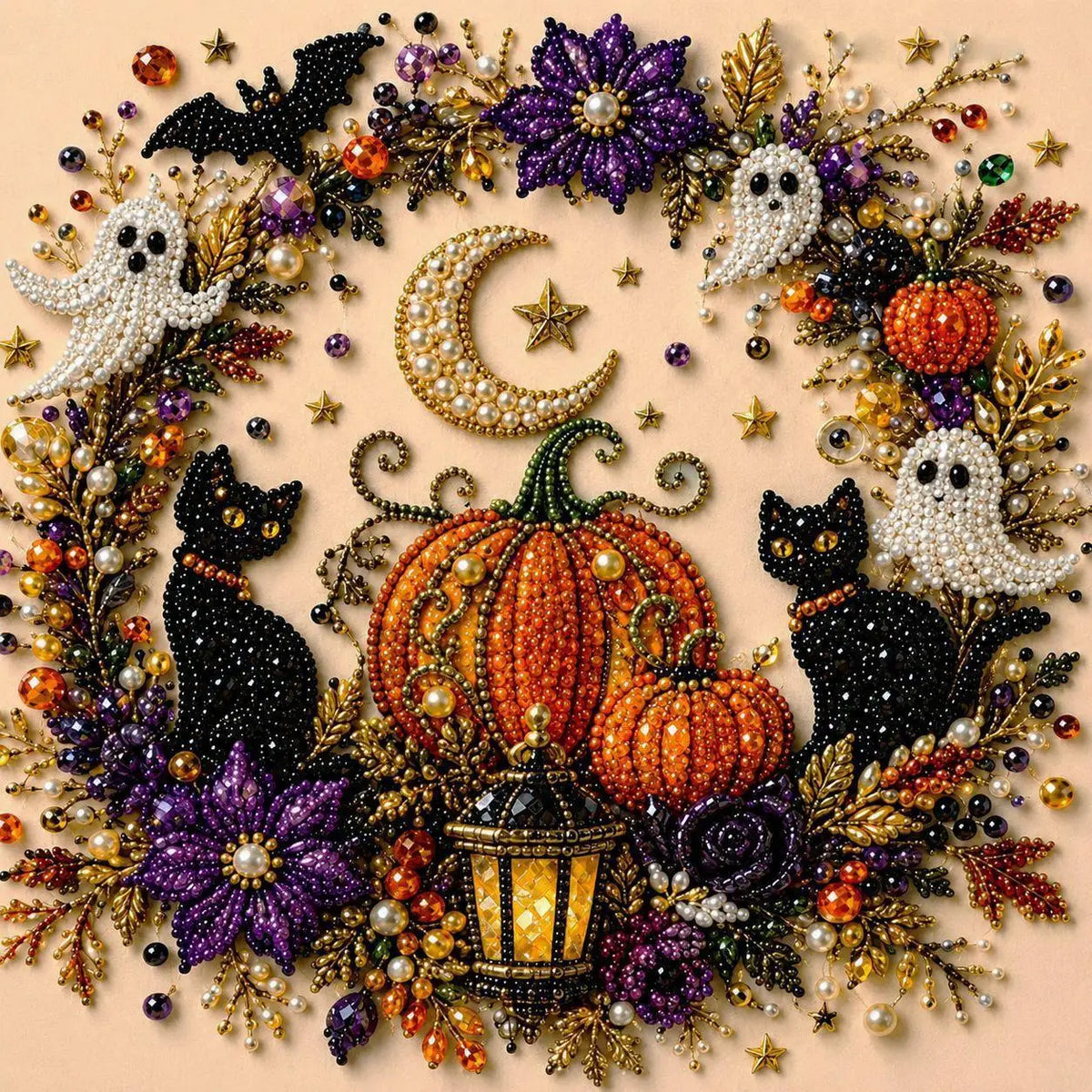 A circular arrangement of Halloween-themed decorations including black cats, white ghosts, and orange pumpkins made with pear