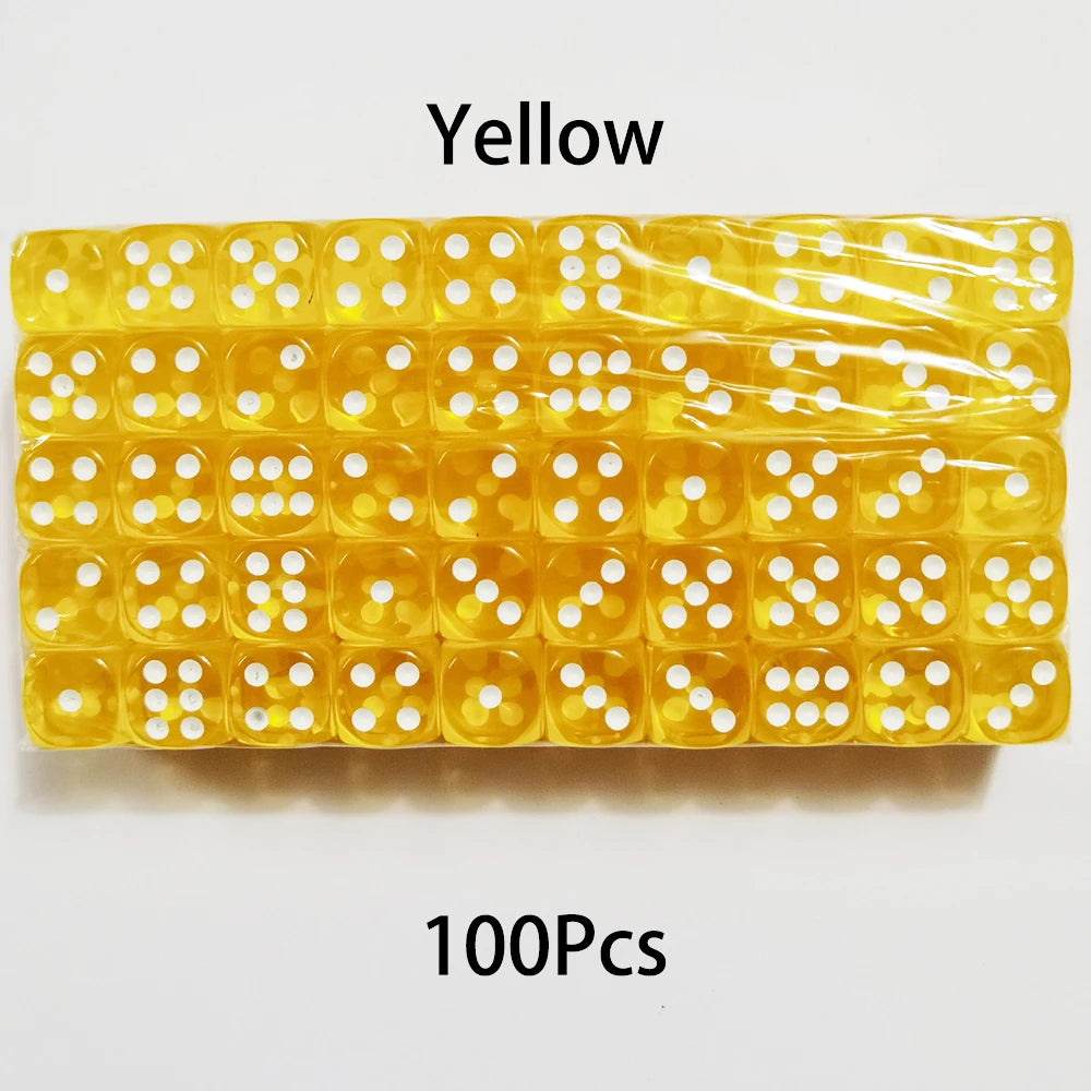A strip of yellow acrylic dice, containing 100 transparent, rounded-edge six-sided dice.