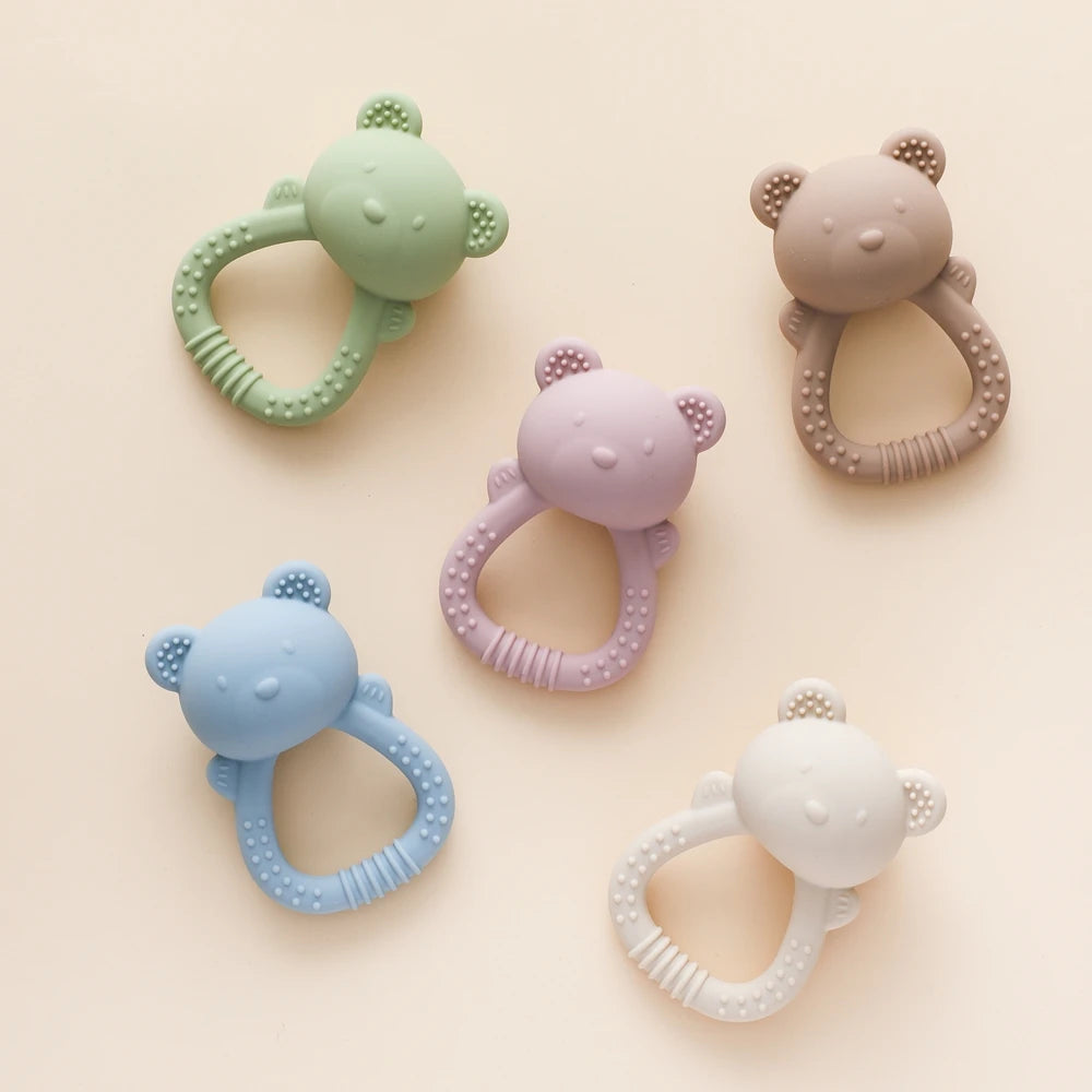 Bear-Shaped Silicone Baby Teether with Rattle Handle