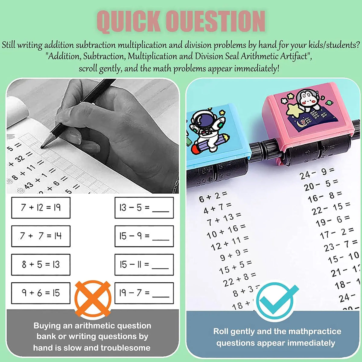 A 2-in-1 multiplication and division math practice roller stamp is shown with various problems ready to be stamped onto paper