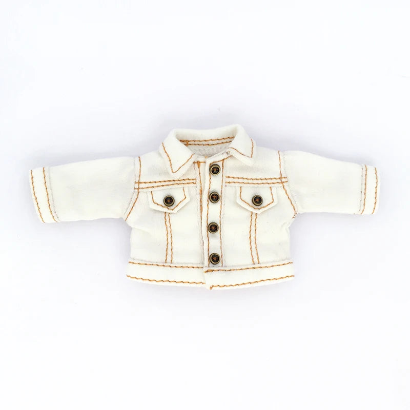 A white denim jacket for 1/12 scale dolls with brown stitching and buttons.