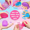 Hands demonstrate various squeezing and manipulation techniques on colorful squishy stress balls.