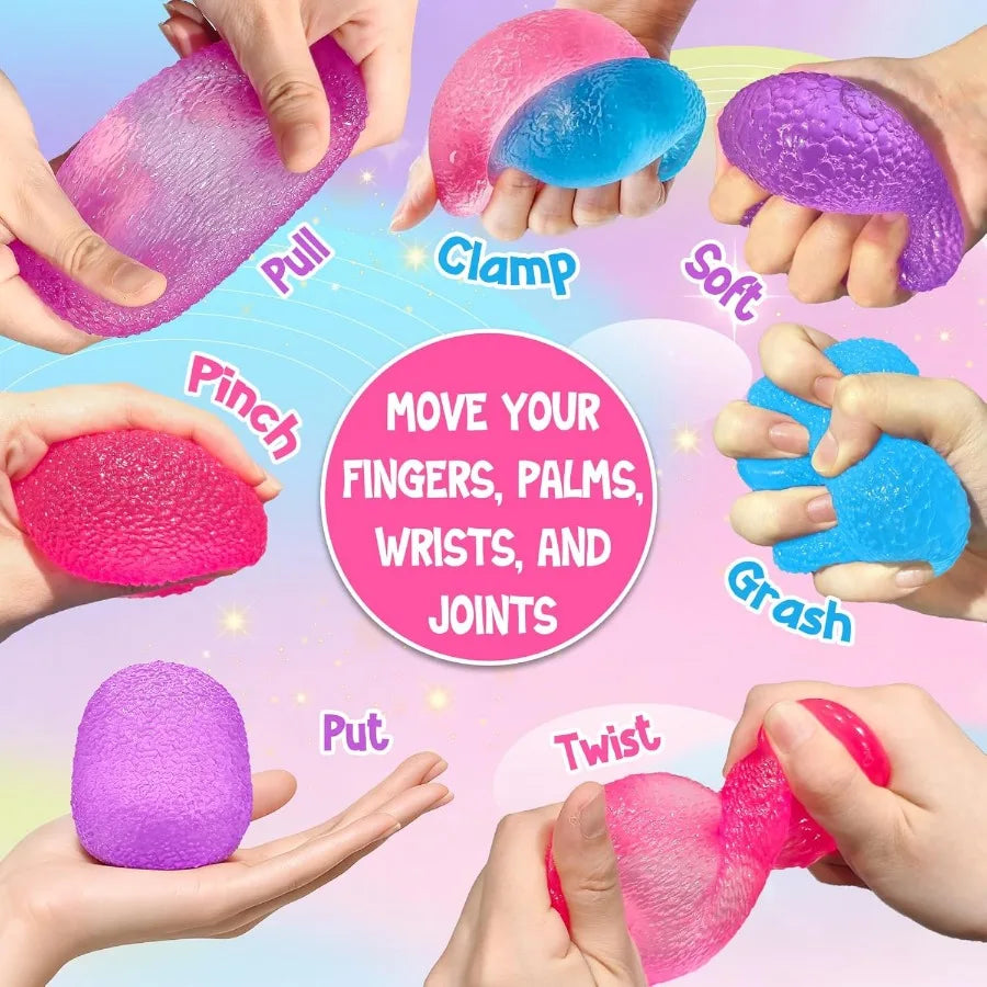 Hands demonstrate various squeezing and manipulation techniques on colorful squishy stress balls.