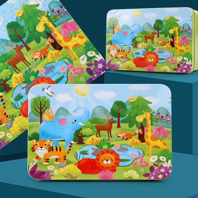 A set of wooden animal and vehicle jigsaw puzzles featuring various colorful jungle animals like a giraffe, lion, elephant, a