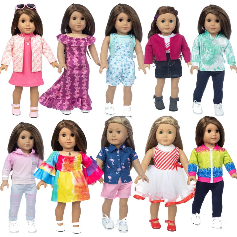 A collection of dolls wearing various colorful outfits including pink, purple, green, and blue tops and skirts.