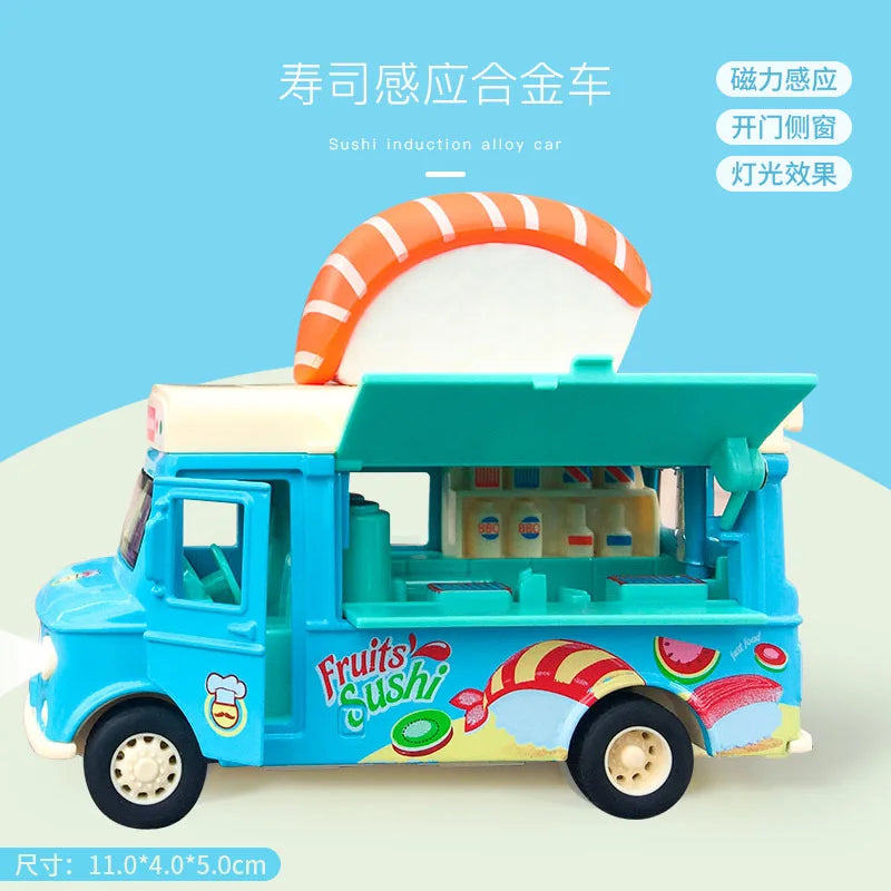 A toy sushi induction alloy car in blue and white with an open lid and lights