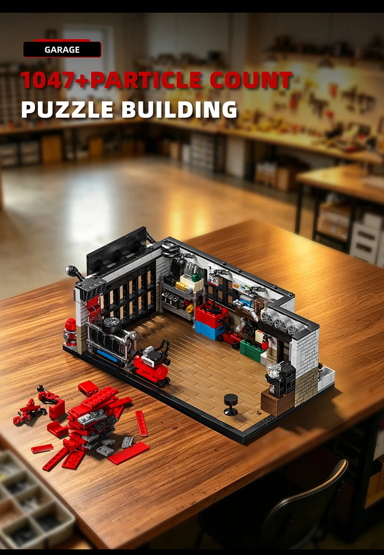 A detailed model of a garage building constructed from black and red blocks on a wooden table.