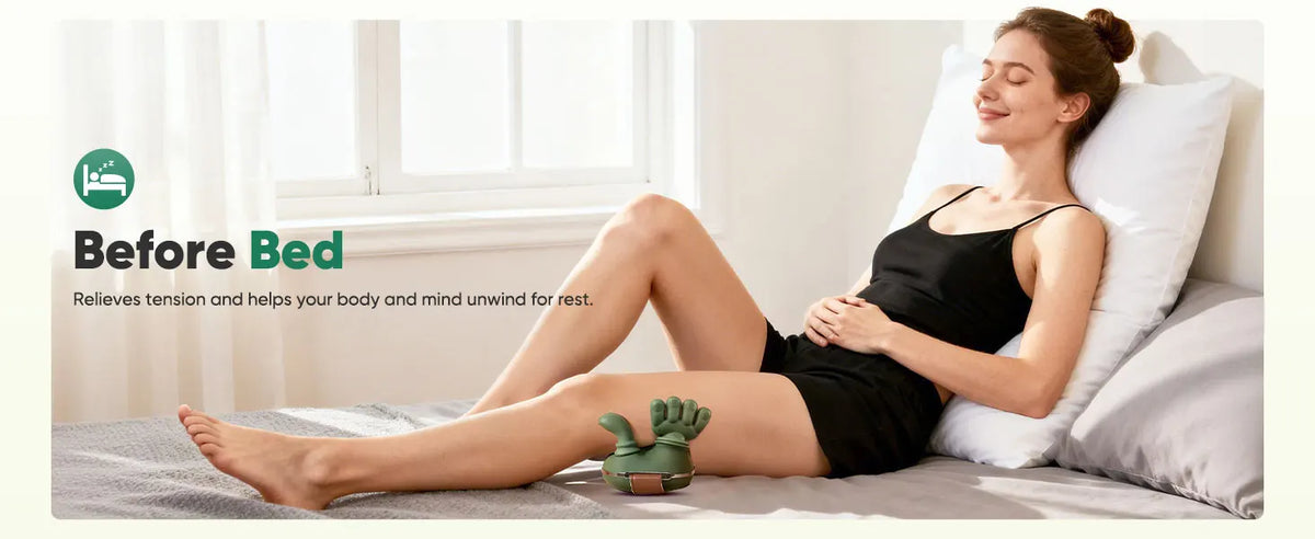 A woman is relaxing in bed using a green neck and shoulder massager for tension relief.