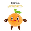 An orange plush toy with a green leaf, designed to be recordable.