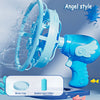 A blue electric bubble machine with angel-style wings is shown spraying bubbles into a water tray.
