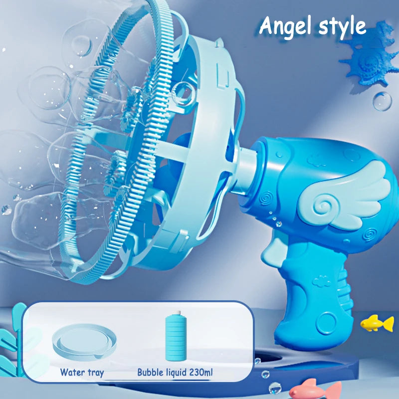 A blue electric bubble machine with angel-style wings is shown spraying bubbles into a water tray.