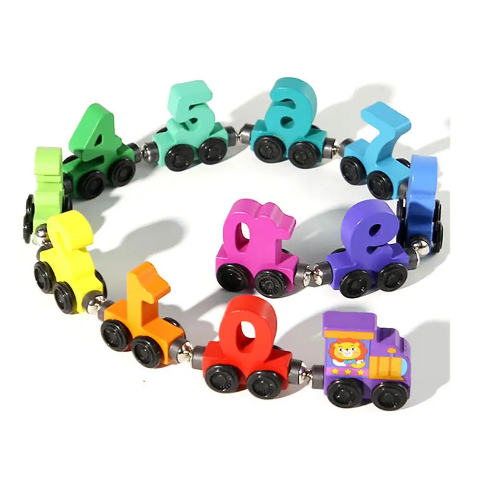 A wooden magnetic number train set featuring colorful numbered cars for toddlers.