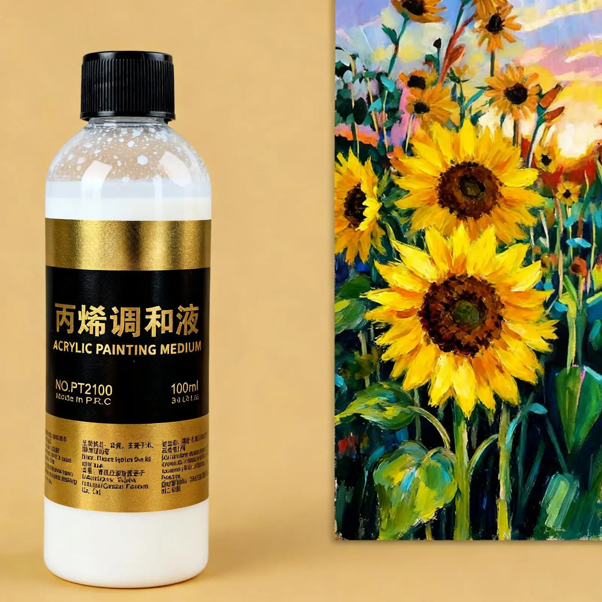 A bottle of No.PT2100 Acrylic Painting Medium 100ml next to a vibrant painting of sunflowers.
