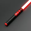 A red lightsaber toy with a metal handle and glowing blade is shown against a dark background.