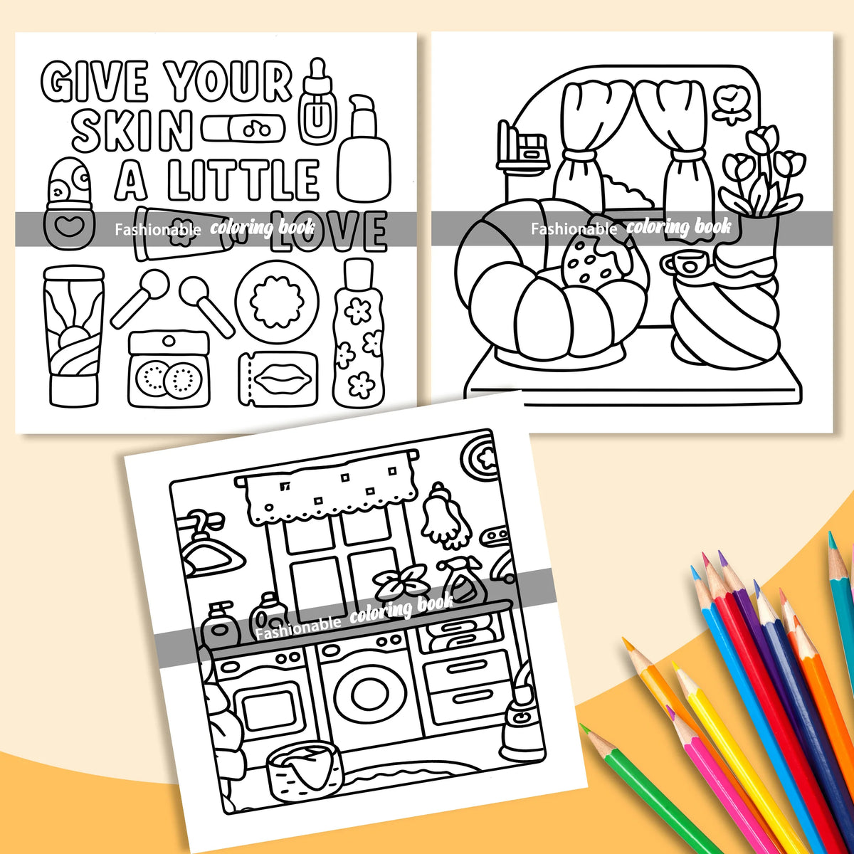 An adult coloring book featuring fashionable cute animal and floral designs for stress relief.