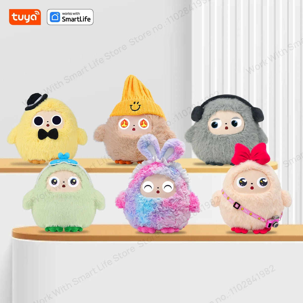A collection of soft, fluffy plush robots in various colors and shapes displayed on a shelf.