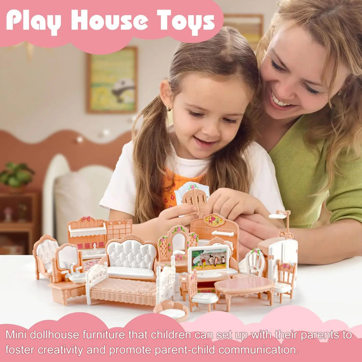 Dollhouse Furniture Set for Pretend Play – 3-Room Miniature Collection