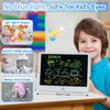 A child is looking at a white LCD writing tablet with colorful doodles on the screen, demonstrating its use for kids.