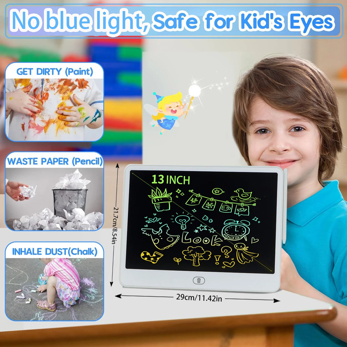 A child is looking at a white LCD writing tablet with colorful doodles on the screen, demonstrating its use for kids.