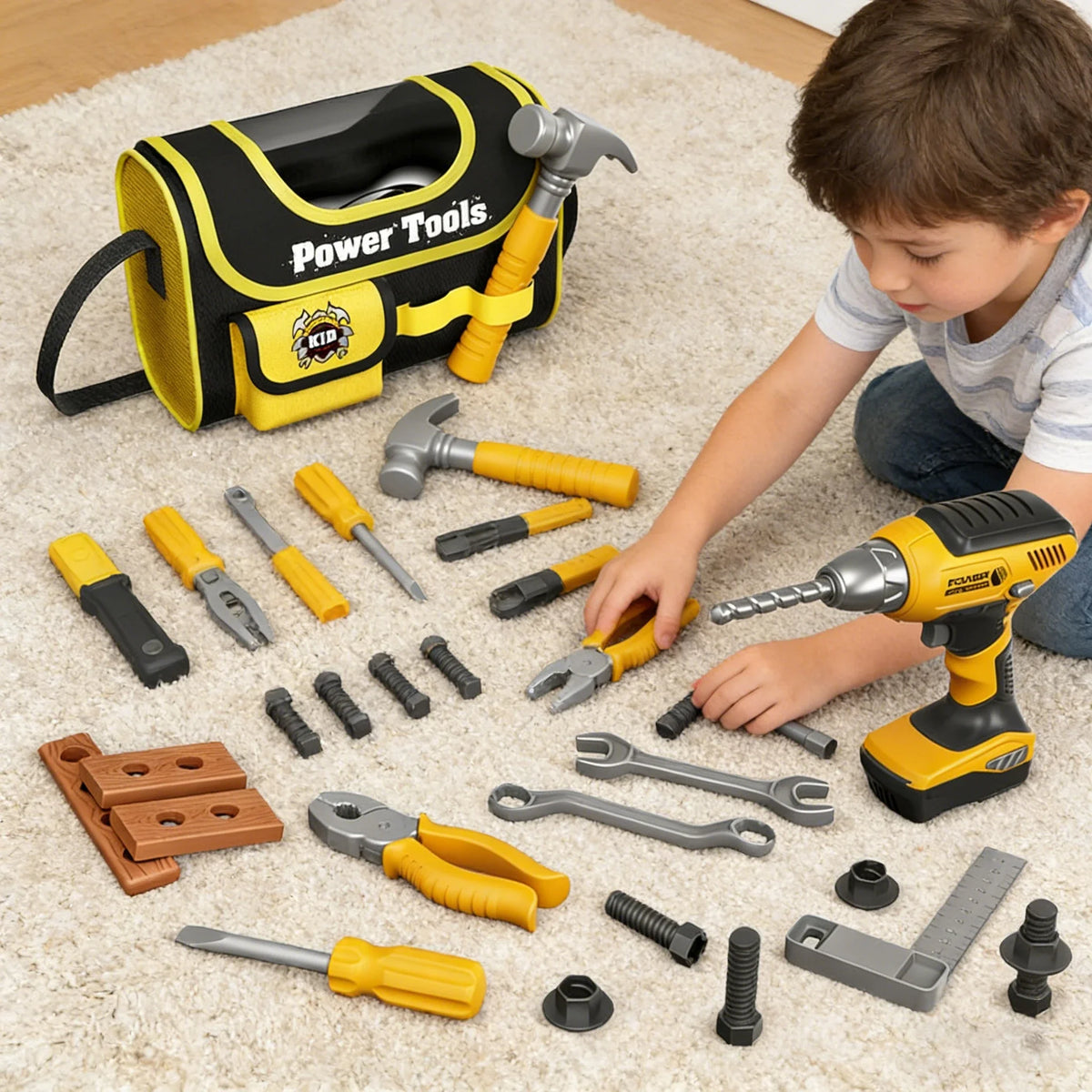 A yellow and black power tools box set for kids with various toy tools like hammers and wrenches on a light carpet.