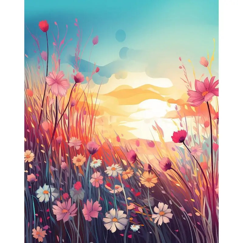 A vibrant oil painting style landscape featuring pink and orange flowers against a soft blue sky.