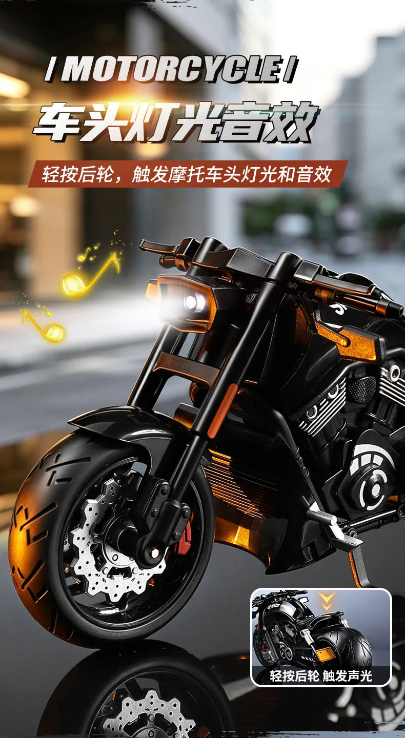 A close-up shot of a black motorcycle model with orange accents, highlighting its lights and engine details.