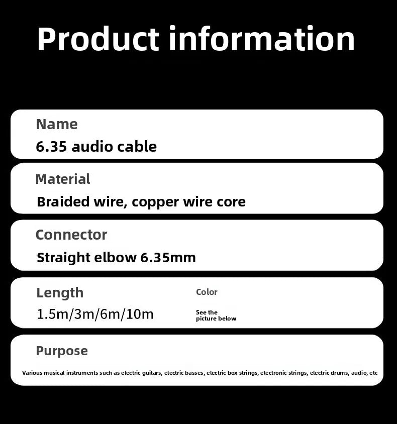 6.35mm Instrument Cable for Guitar & Bass – Flexible, Noise-Isolated 1.5m to 10m