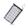 A pink and blue patterned portable baby changing mat with a zippered storage bag and carrying strap.