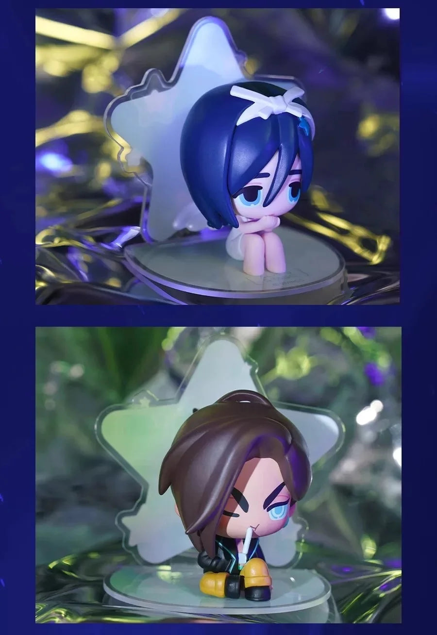A blind box figure of a blue-haired character with white hair accessories displayed on a clear star-shaped stand.