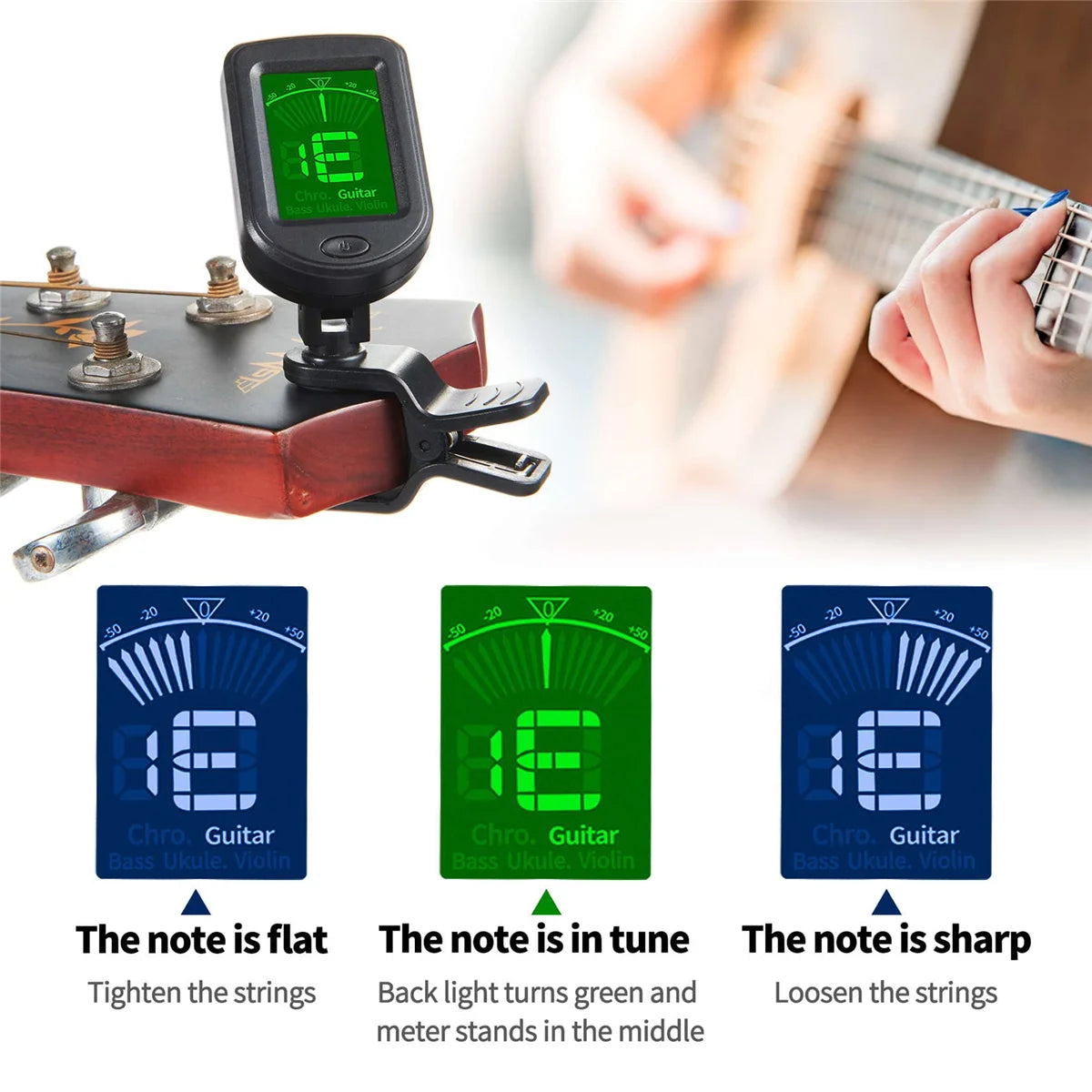 Clip-On Tuner for Guitar, Bass, Ukulele & Violin