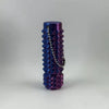 A stack of purple and blue spike roller fidget toys with silver chain keychains.