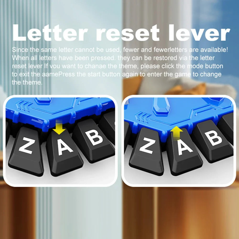 Close-up view of a letter reset lever mechanism on a blue board game component.