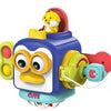 A yellow chick shaped toy with a blue and white cube body, featuring sensory activities for toddlers.