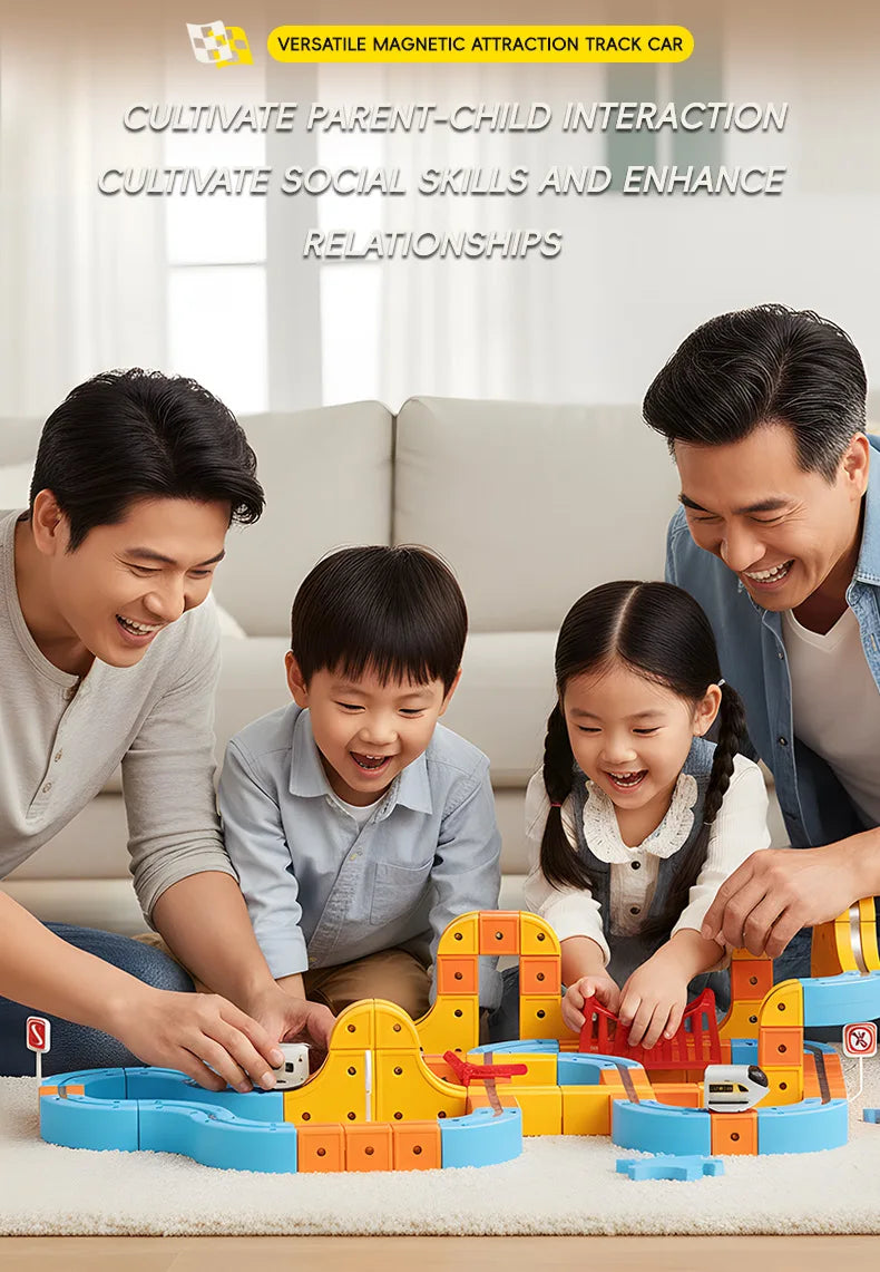 A family is playing with a yellow and blue magnetic train set on the floor, demonstrating parent-child interaction.