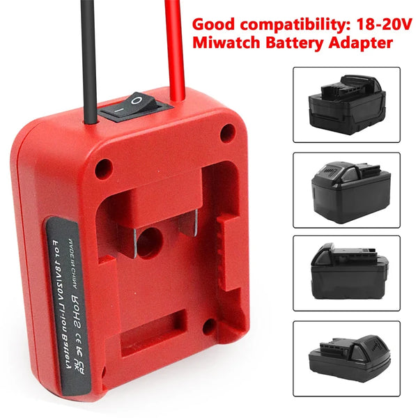 Red battery adapter with a switch and fuse for 18-20V Miwatch tool batteries