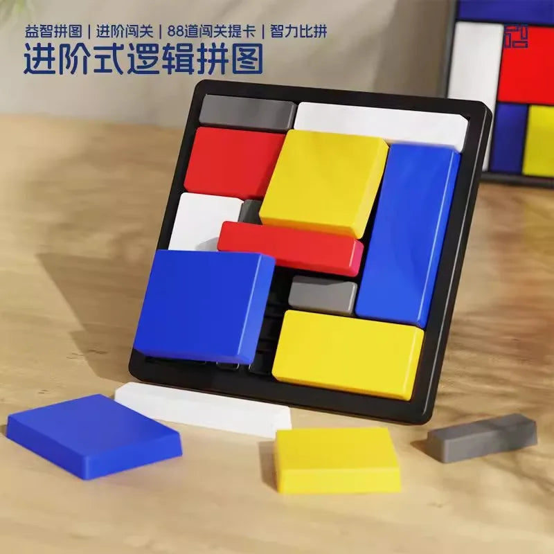 A black puzzle board containing various colored geometric tiles, including red, yellow, blue, and gray pieces.