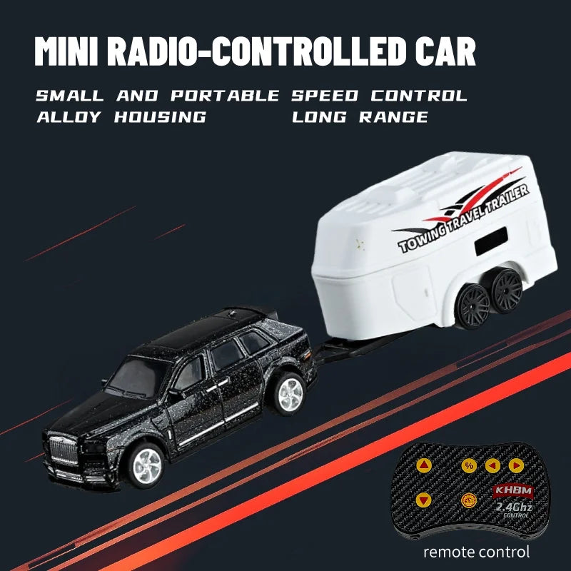 A black mini radio-controlled car is shown towing a white trailer, with a remote control visible below.