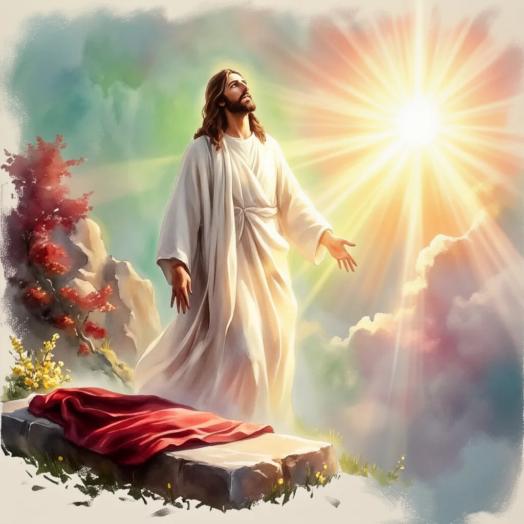 A painting of Jesus with long hair and beard standing on a rock, radiating bright light.