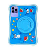 A blue silicone tablet case with a rounded design featuring a watermelon theme and a camera cutout.